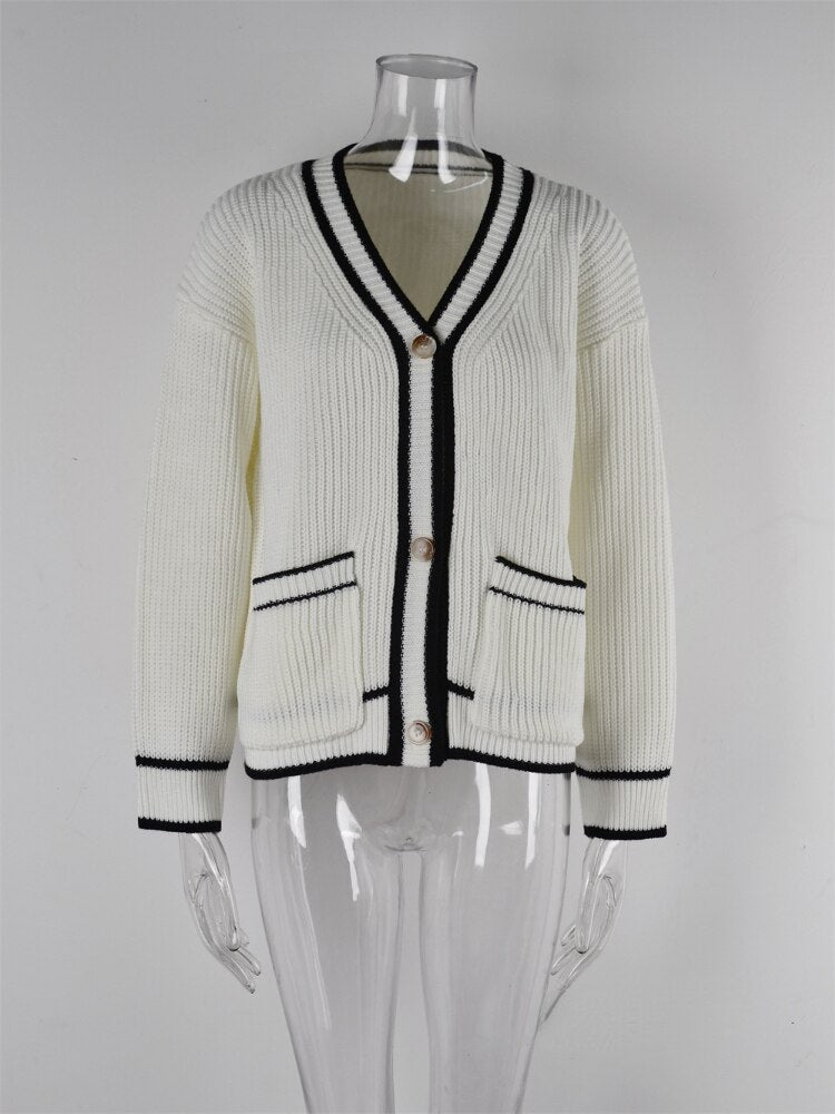 Fashion Women Sweaters 2023 New Contrast Pocket Coat Korean Fashion Women Cardigan Autumn Winter Streetwear Tops White Cardigan - - DYAVOR®