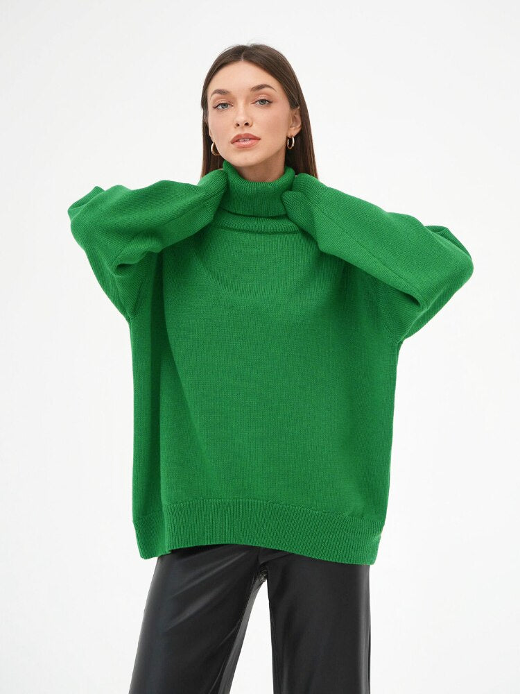 Solid Color High Neck Sweater Autumn Winter Loose Knit Pullover Women's Long Sleeve Top Versatile Classic Winter Clothes Women - - DYAVOR®