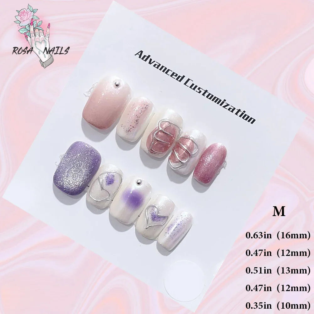 Cute Strawberry Pink Short Handmade Press on Nails Wholesale Kawaii Bows Pressons Bulk Full Cover Square Acrylic False Nail Tips