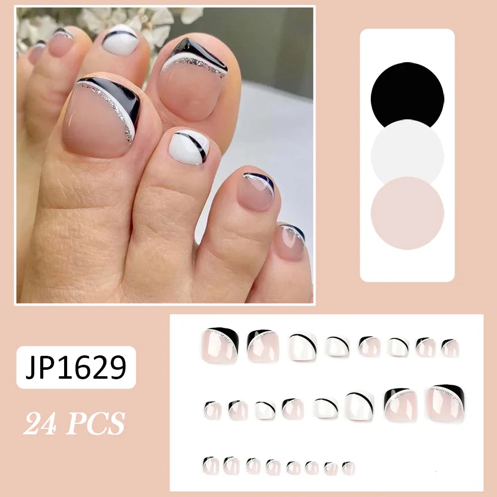 Summer French Toe Nails Set Press On Short Square Acrylic Nail Kits Wearable False Nails Nude Color Fashion Fake Feet Nail Tips - - DYAVOR®