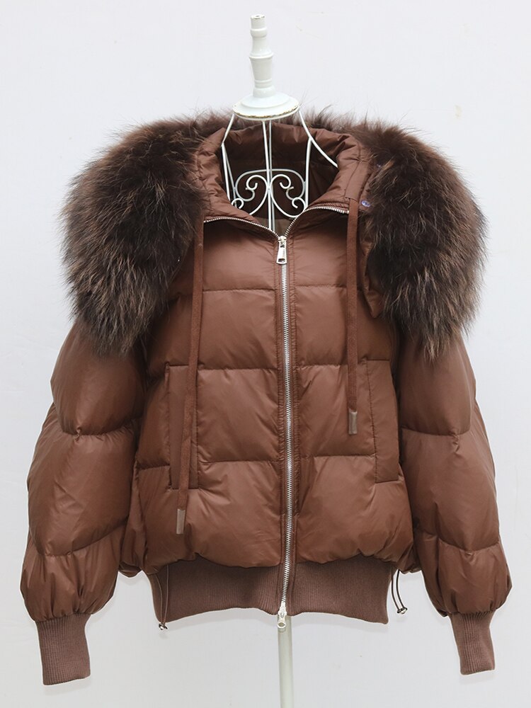 Winter Puffer Jacket Women Thick Warm Short Parkas Real Natural Raccoon Fur Female Loose 90% White Duck Down Coat -  - DYAVOR®