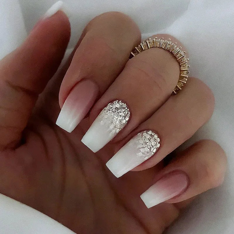 24pcs removeable false nails with glue Gradient Shinny brown coffin glitter Ballet press on nails long full cover fake nails tip