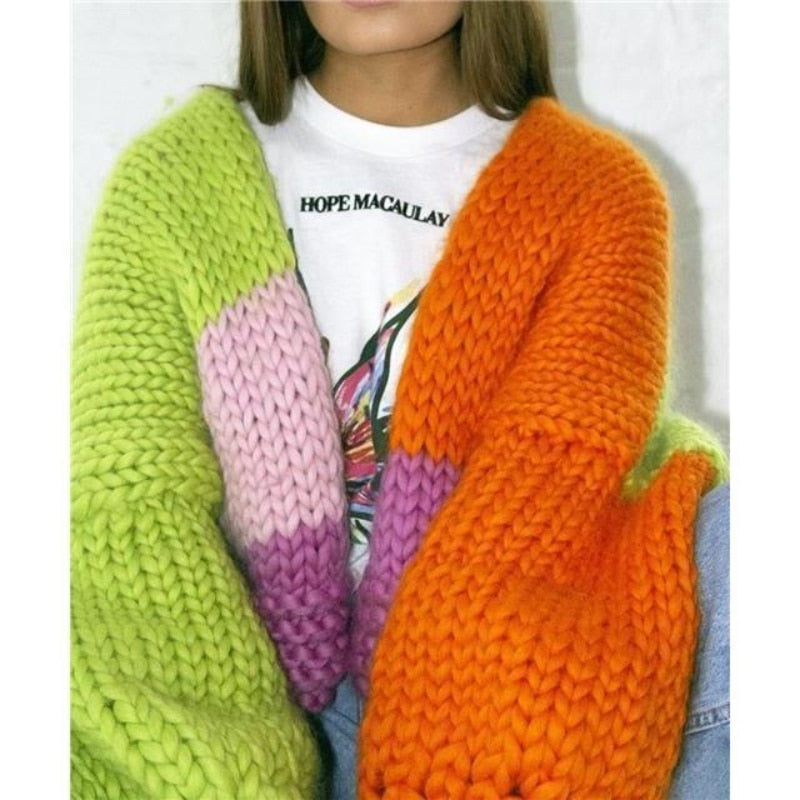 2023 S-XL Autumn Handmade Women Knitted Cropped Cardigan Coarse Yarn Multicolor V -neck Slight Strech Y2k Sweaters for Women - - DYAVOR®