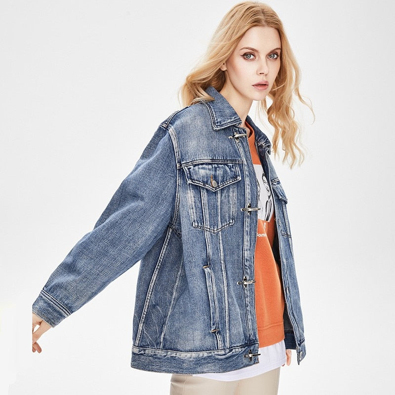 European retro blue denim jacket for women in spring 2023, new versatile, slim and fashionable polo collar long sleeved top -  - DYAVOR®