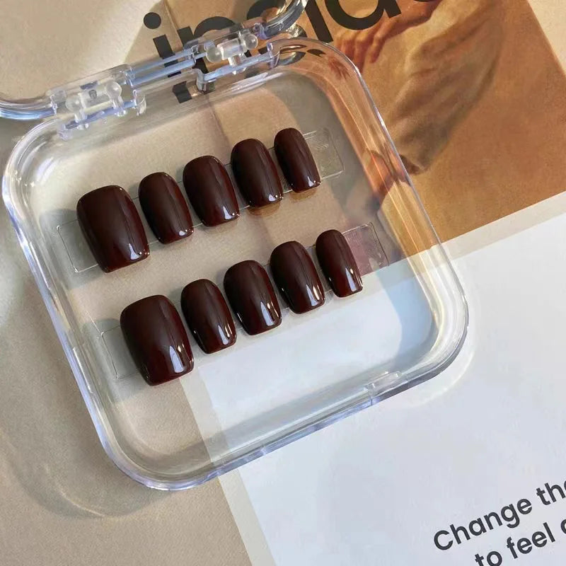 10 pcs Handmade Fake Nail Short Style Detachable Brown False Nails Tips Reusable Press On Nails Coffin Manicure Art - - DYAVOR®