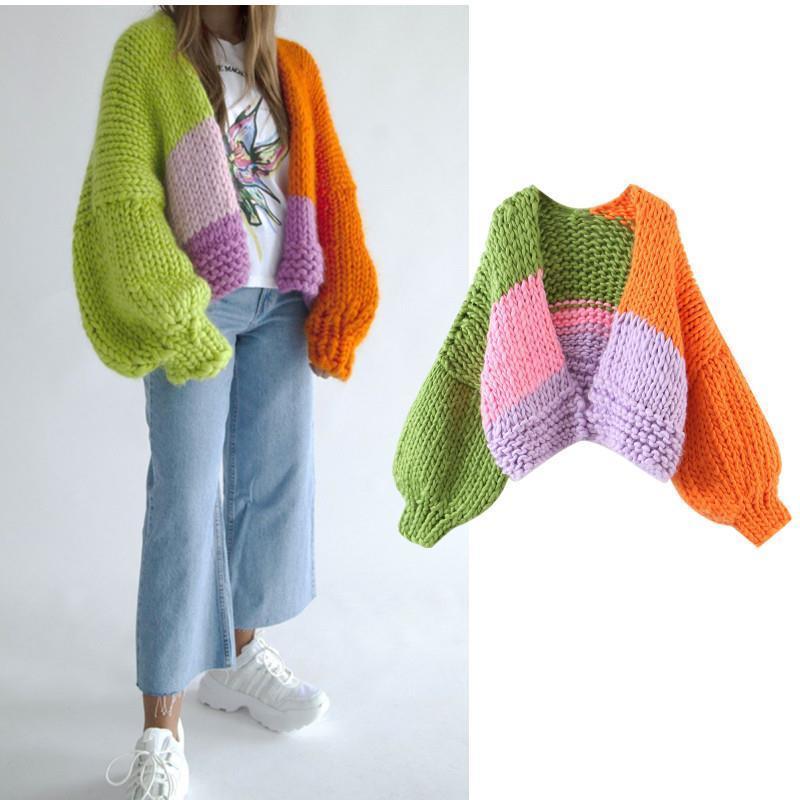 2023 S-XL Autumn Handmade Women Knitted Cropped Cardigan Coarse Yarn Multicolor V -neck Slight Strech Y2k Sweaters for Women - - DYAVOR®