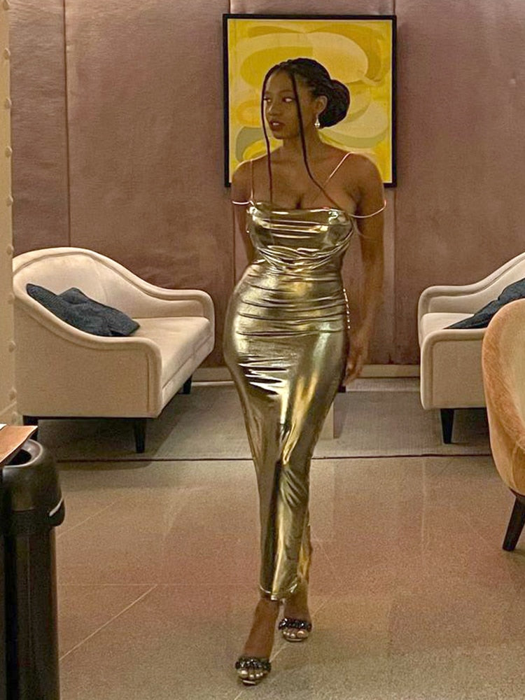 Form-Fitting Light Gold Maxi Dress - - DYAVOR®