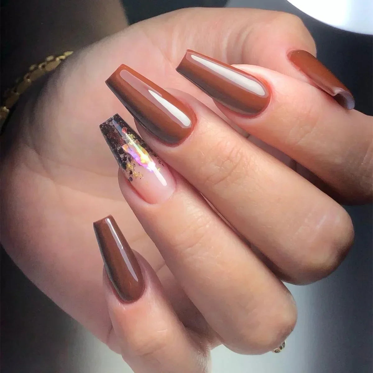 24pcs removeable false nails with glue Gradient Shinny brown coffin glitter Ballet press on nails long full cover fake nails tip