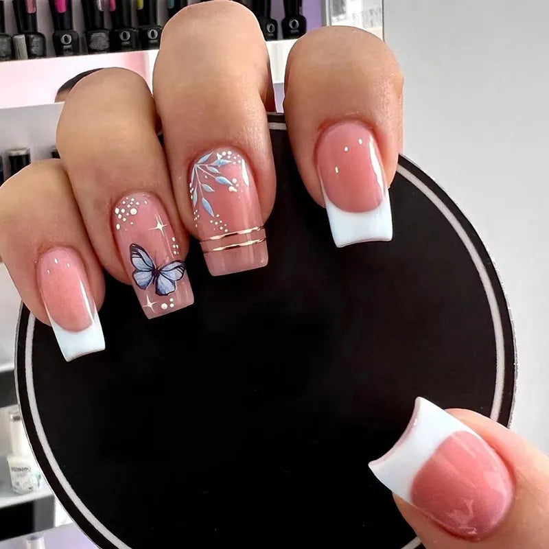 24pcs Colorful Almond Shaped Fake Nails Detachable Press On False Nails Tips French Full Cover False Nails French Manicure tools