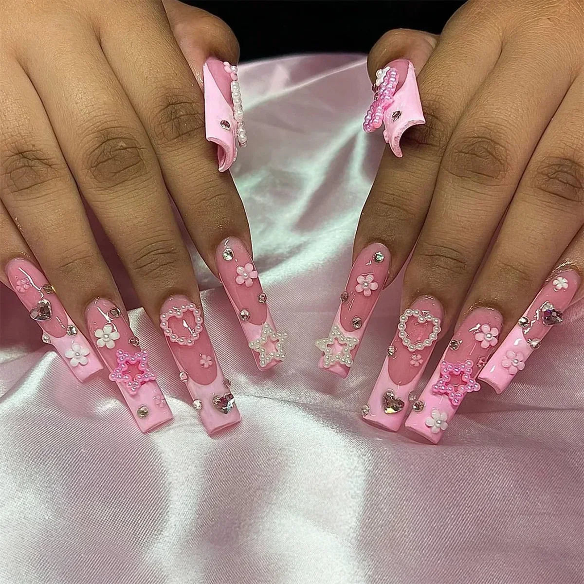 24Pcs Pink Bow Design False Nails Long Ballet Press on Nails with Pearl Wearable Coffin Fake Nails French Square Finger Nail - - DYAVOR®