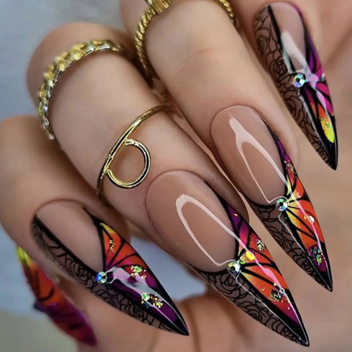 24Pcs Extra Long Stiletto False Nails Pointy French Fake Nails Glitter Detachable Almond Press on Nails Full Cover Nail Tips - - DYAVOR®