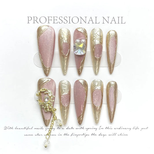 10Pcs Pink Handmade Almond Press on Nails Ballet Glitter Rhinestones Decoration False Nails Sweet Full Cover Fake Nail Tips Art -  - DYAVOR®