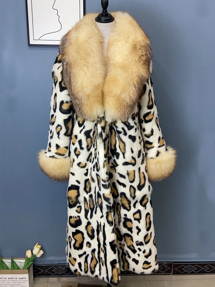 Women Real Rex Rabbit Fur Coats With Fox Lapel Collar Natural Whole Skin Genuine Fur Long Jackets Overcoat Winter -  - DYAVOR®