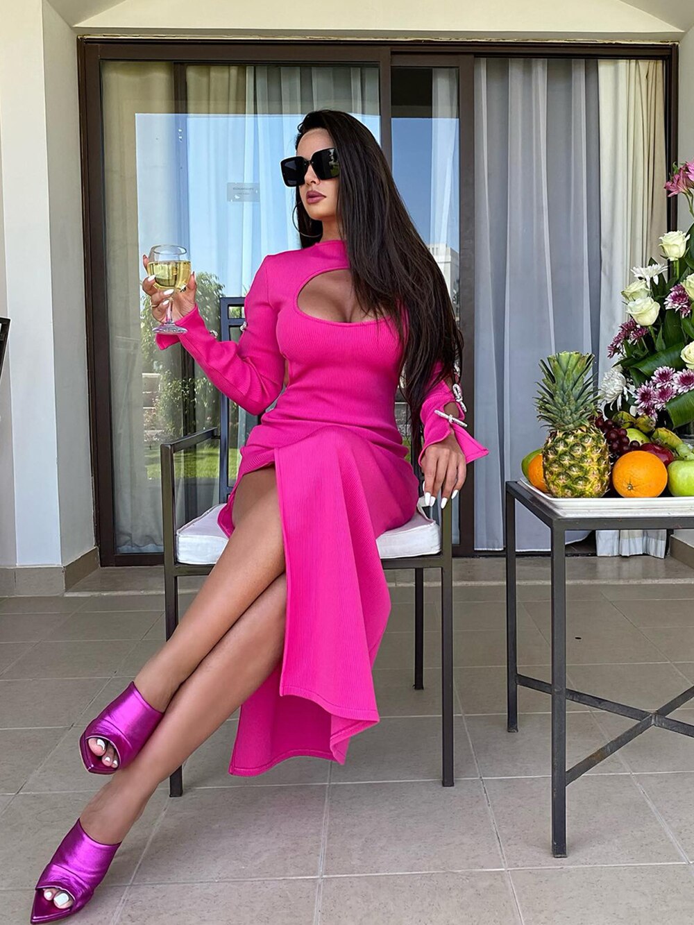 Pink Maxi Dress with Rhinestone Bows - - DYAVOR®