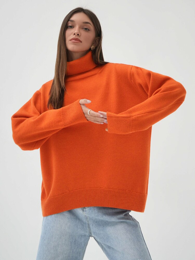 Solid Color High Neck Sweater Autumn Winter Loose Knit Pullover Women's Long Sleeve Top Versatile Classic Winter Clothes Women - - DYAVOR®