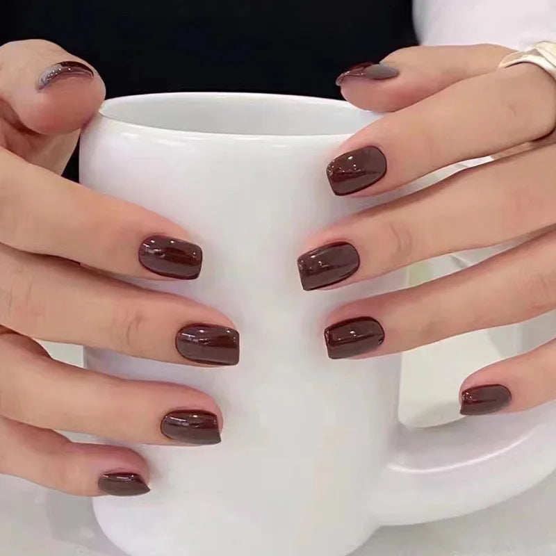 10 pcs Handmade Fake Nail Short Style Detachable Brown False Nails Tips Reusable Press On Nails Coffin Manicure Art - - DYAVOR®