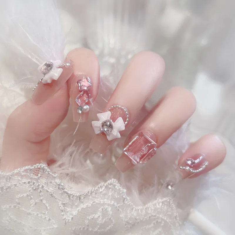 Autumn French False Nails with Butterfly Pearl Decor Bride Fake Nail Wearable Press on Nails Coffin Ballet Nail Tips for Girls - - DYAVOR®