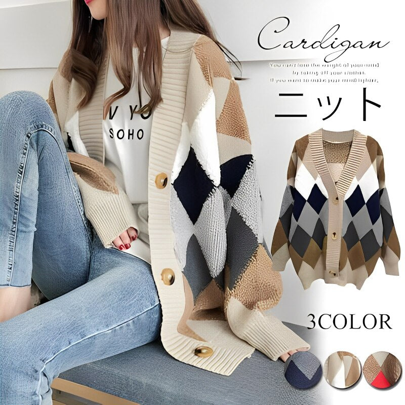 Luxury Cardigans Plaid Loose Button Puff Sleeve Knitted Cardigan Female Warm Y2K Tops Sweaters S-XL Long Cardigans Women 2023 - - DYAVOR®