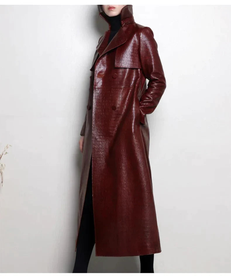 Glossy Autumn Faux Leather Trench Coat - Trench Coat - DYAVOR®