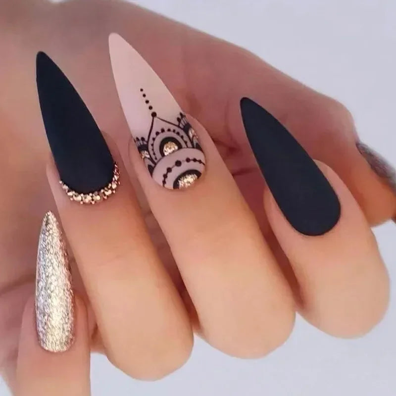 24Pcs Frosting False Nail almond with Golden Glitter Designs French Rhinestone Manicure Stiletto Fake Nails Set Press on Nails - - DYAVOR®