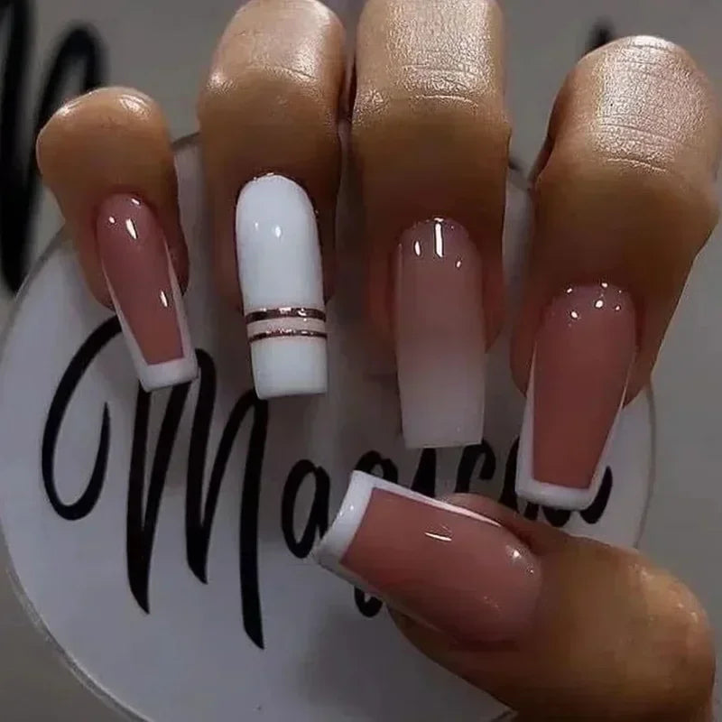 24Pcs Pink Bow Design False Nails Long Ballet Press on Nails with Pearl Wearable Coffin Fake Nails French Square Finger Nail - - DYAVOR®
