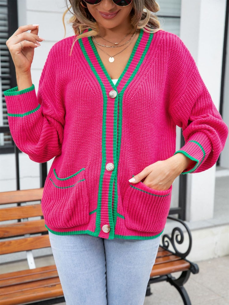 Fashion Women Sweaters 2023 New Contrast Pocket Coat Korean Fashion Women Cardigan Autumn Winter Streetwear Tops White Cardigan - - DYAVOR®