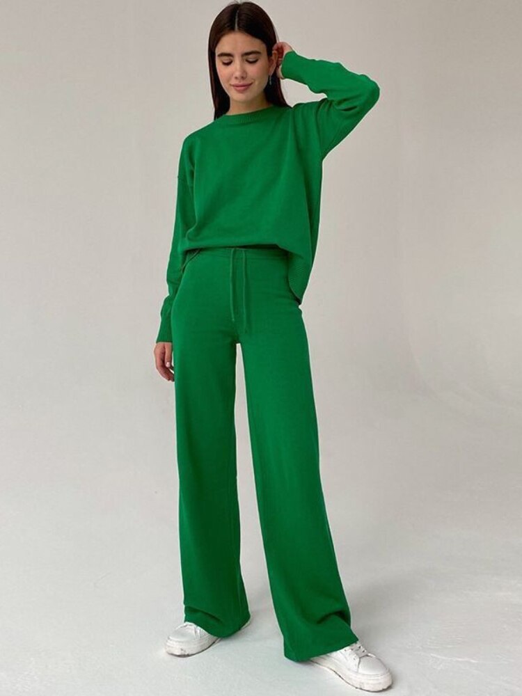 Two Piece Sets Womens Outifits 2023 Autumn Winter New Women's Knitted Sweater Set Thin Casual Top Pants Two Piece Pullover Set - - DYAVOR®