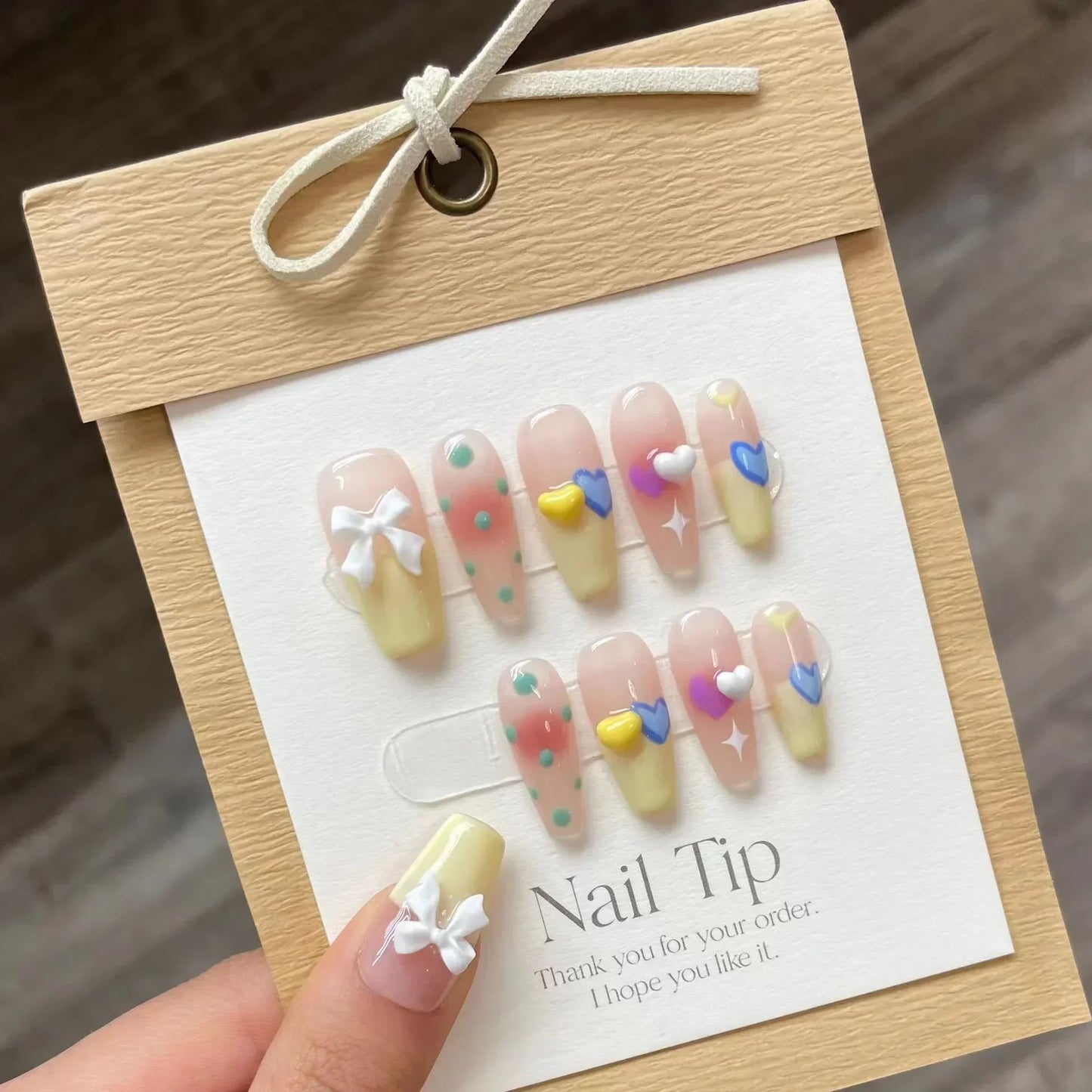 10pcs detachable Handmade kawaii false nails with glue full cover stick on nails with design dopamine bubble love girl press on - - DYAVOR®