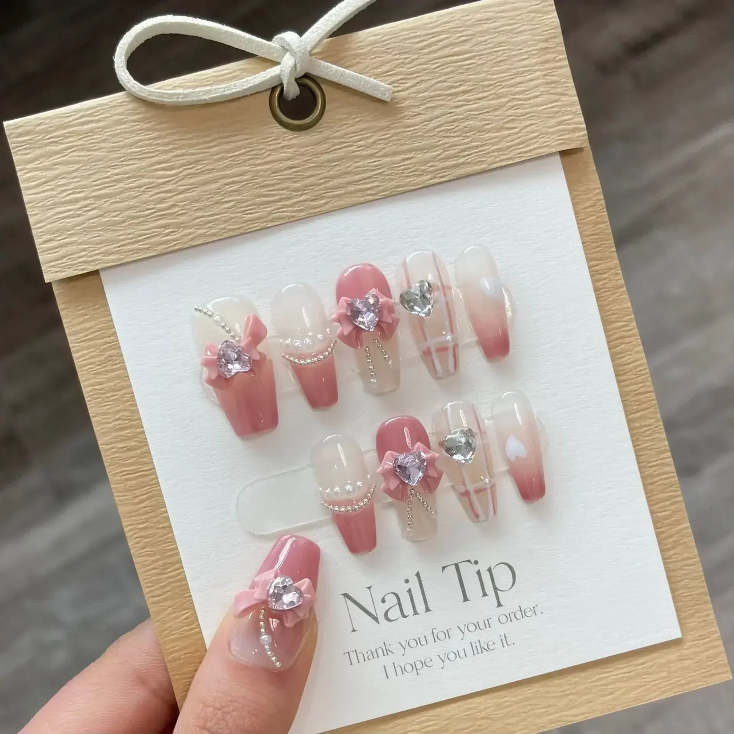 10pcs removeable ballet press on acrylic nails full cover gradient pink false nails with 3D charms handmade stick on nails long - - DYAVOR®