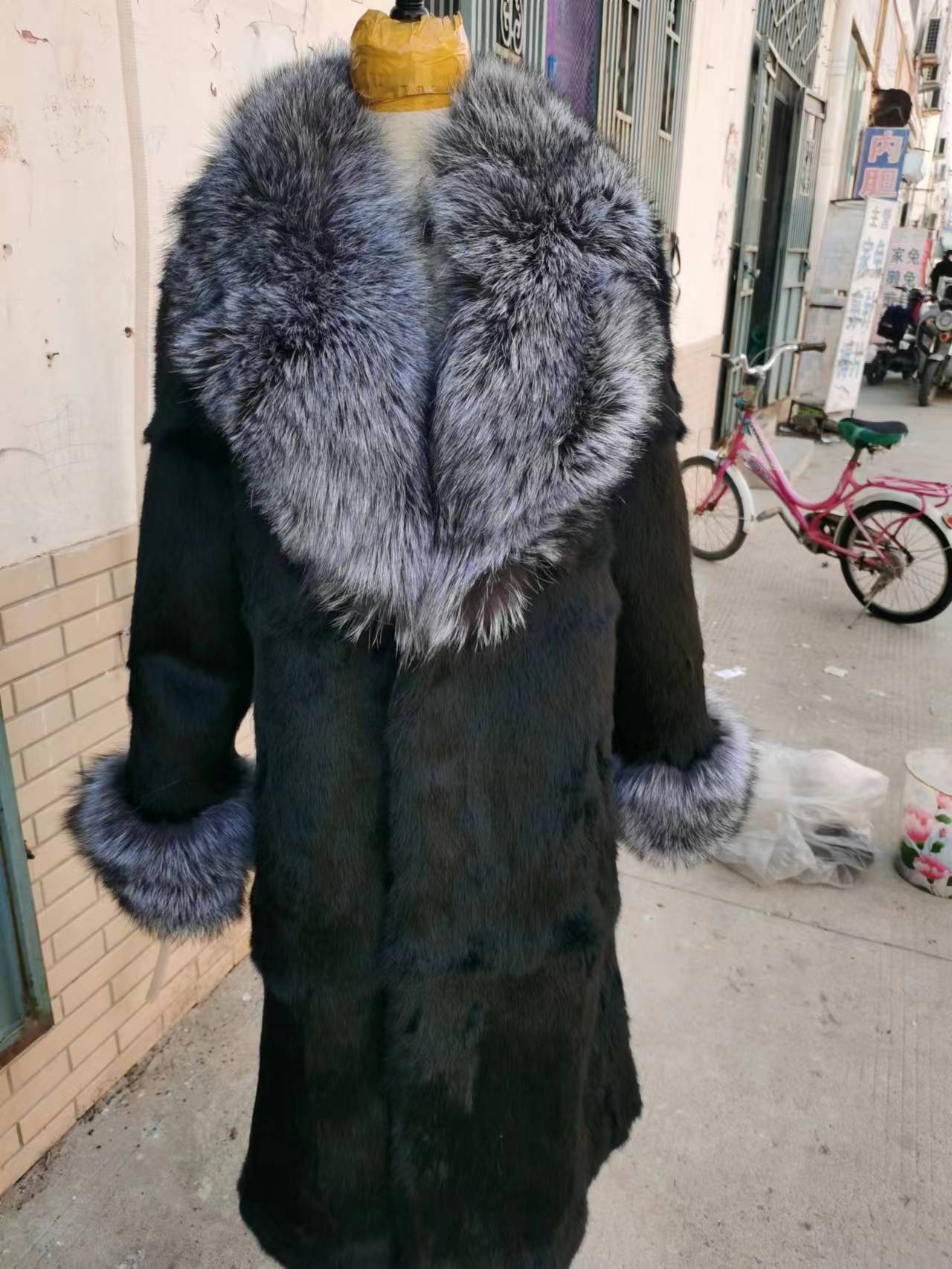 Women Real Rex Rabbit Fur Coats With Fox Lapel Collar Natural Whole Skin Genuine Fur Long Jackets Overcoat Winter - - DYAVOR®