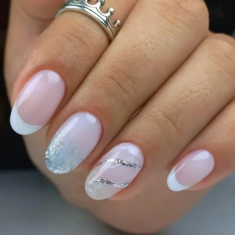 24pcs Small Almond Oval Decorated Cloud Milk Wearable Fake Nails Short Press On Nail Coffin Detachable French False Nails Tips - - DYAVOR®