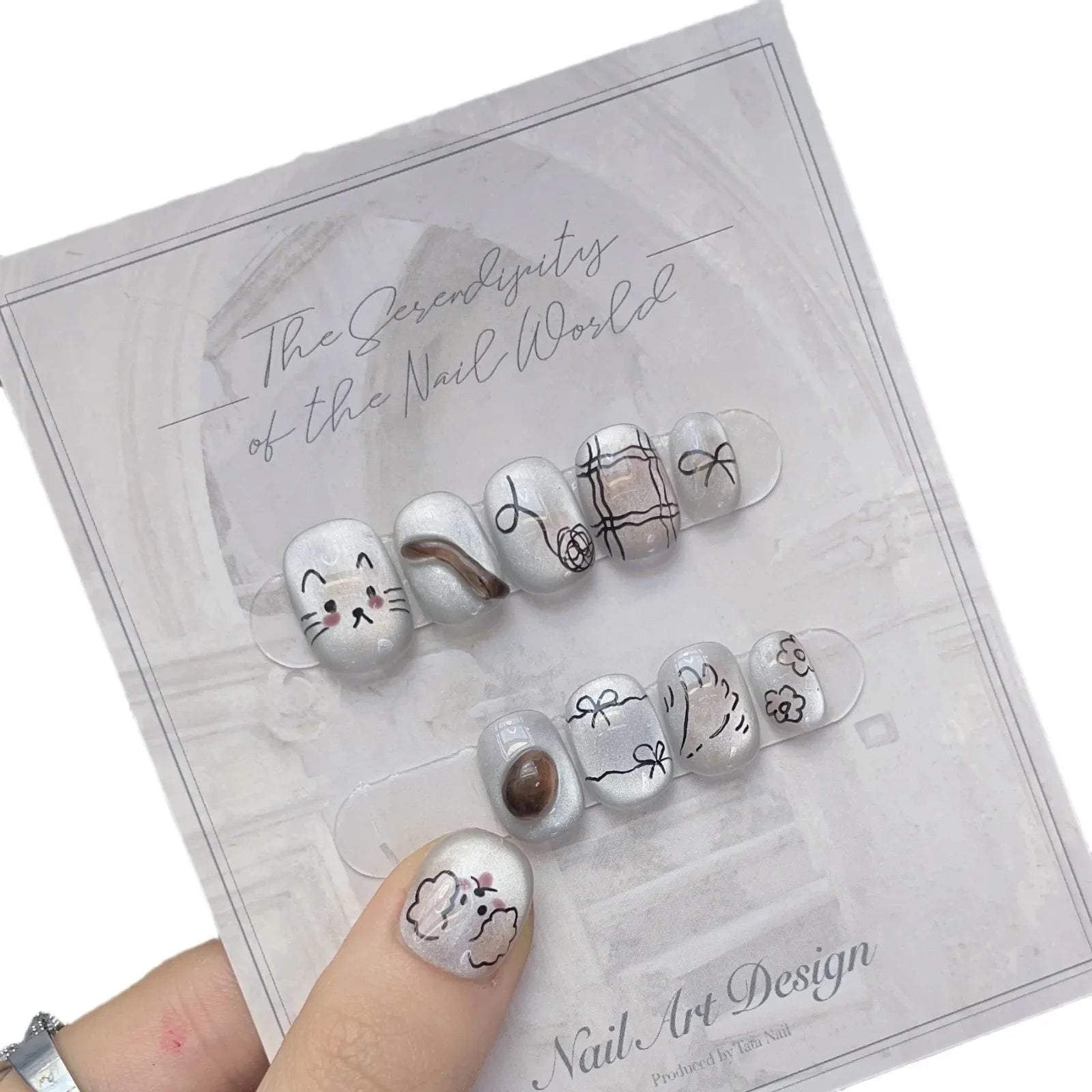 10Pcs Short Press On Nails Ceramic White Cat Eyes False Nails With Dog Bow Knot Pattern Design Full Cover Wearable Fake Nails -  - DYAVOR®