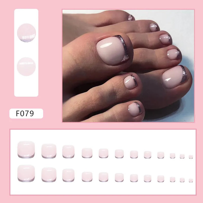 24pcs Wearable White-Edged French Manicure Toenails Full Cover Press On Fake Toenails DIY Artificial Acrylic False Toenails