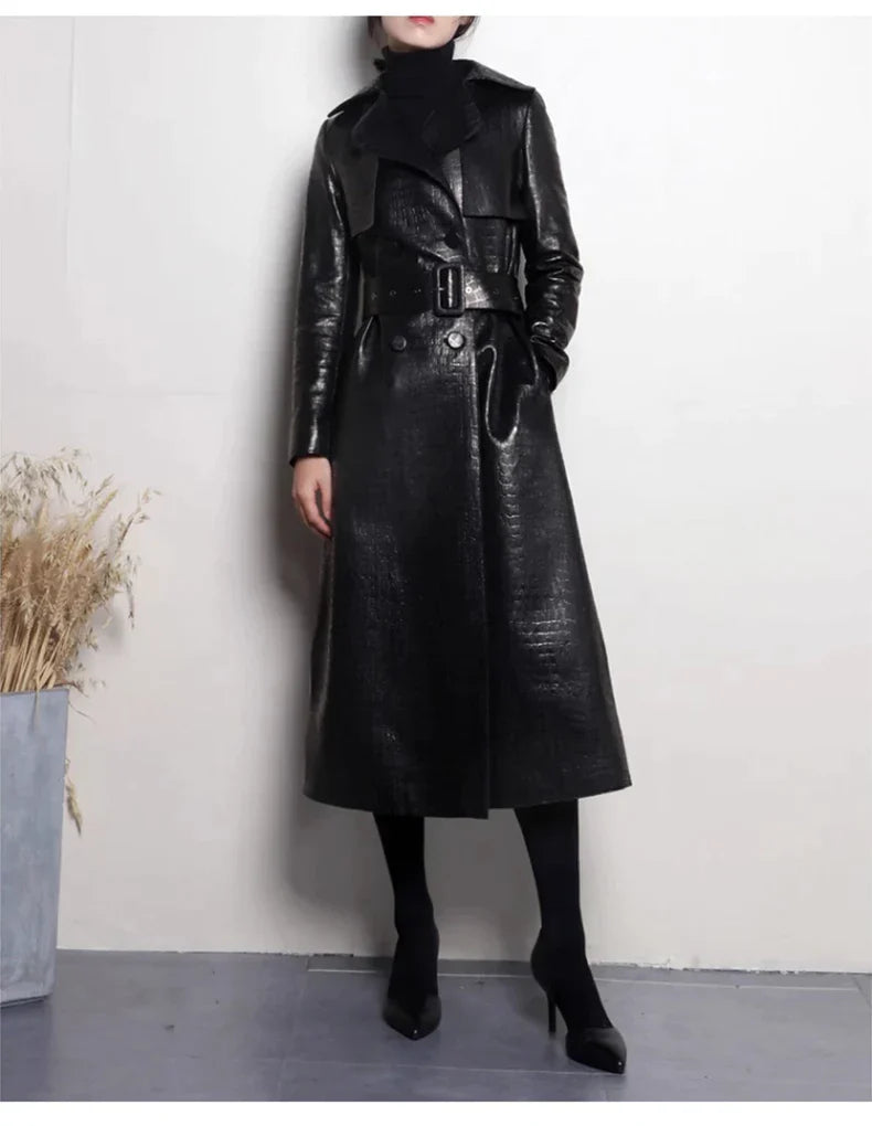 Glossy Autumn Faux Leather Trench Coat - Trench Coat - DYAVOR®