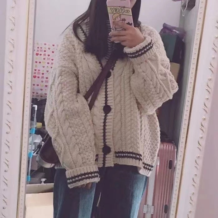 Beige Star Cute College Single Breasted Sweater Women 2022 Autumn Korean Woman Sweaters Contrast Color V-neck Knitted Cardigan - - DYAVOR®