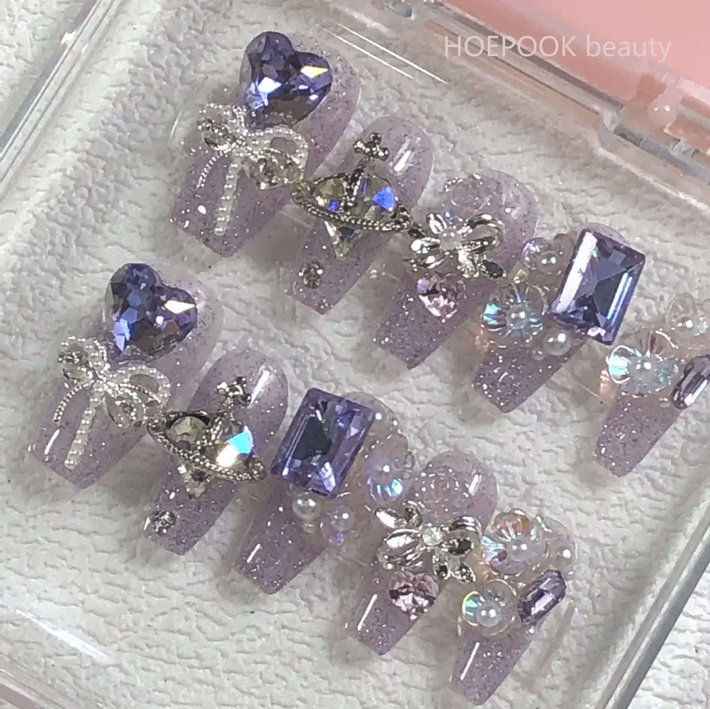 10pcs Purple Heart Handmade Fake Nails 3D Rhinestone Bow Design Ballet Nails Art Full Cover Waterproof Artificial Press on Nail - - DYAVOR®