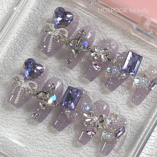 10pcs Purple Heart Handmade Fake Nails 3D Rhinestone Bow Design Ballet Nails Art Full Cover Waterproof Artificial Press on Nail -  - DYAVOR®