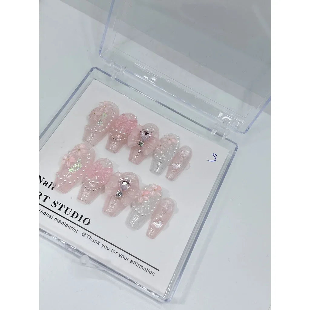 10 Pcs Pearl Love Diamond Bow Dream Fake Nails Pink Nail Patch Beauty Girl Bow Fairy Nail Patch for Women Gift - - DYAVOR®