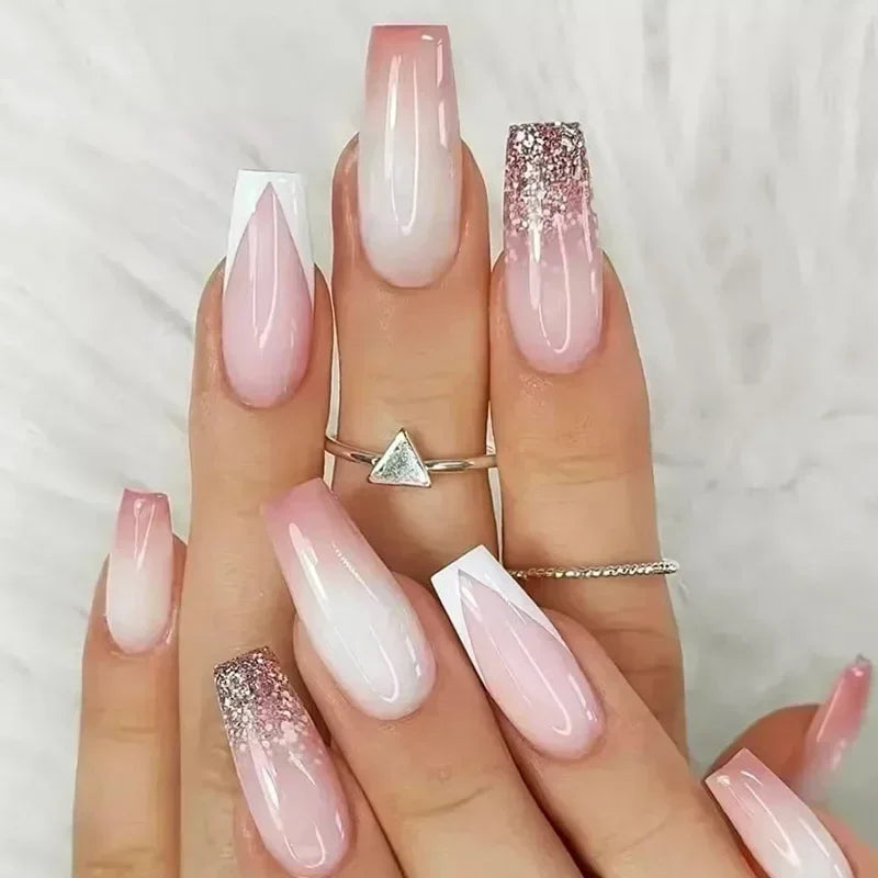 24pcs removeable false nails with glue Gradient Shinny brown coffin glitter Ballet press on nails long full cover fake nails tip