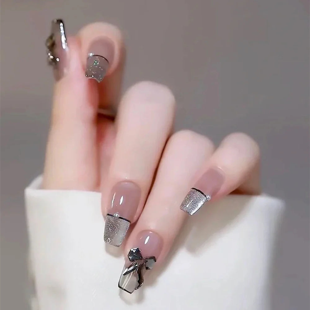 Autumn French False Nails with Butterfly Pearl Decor Bride Fake Nail Wearable Press on Nails Coffin Ballet Nail Tips for Girls - - DYAVOR®