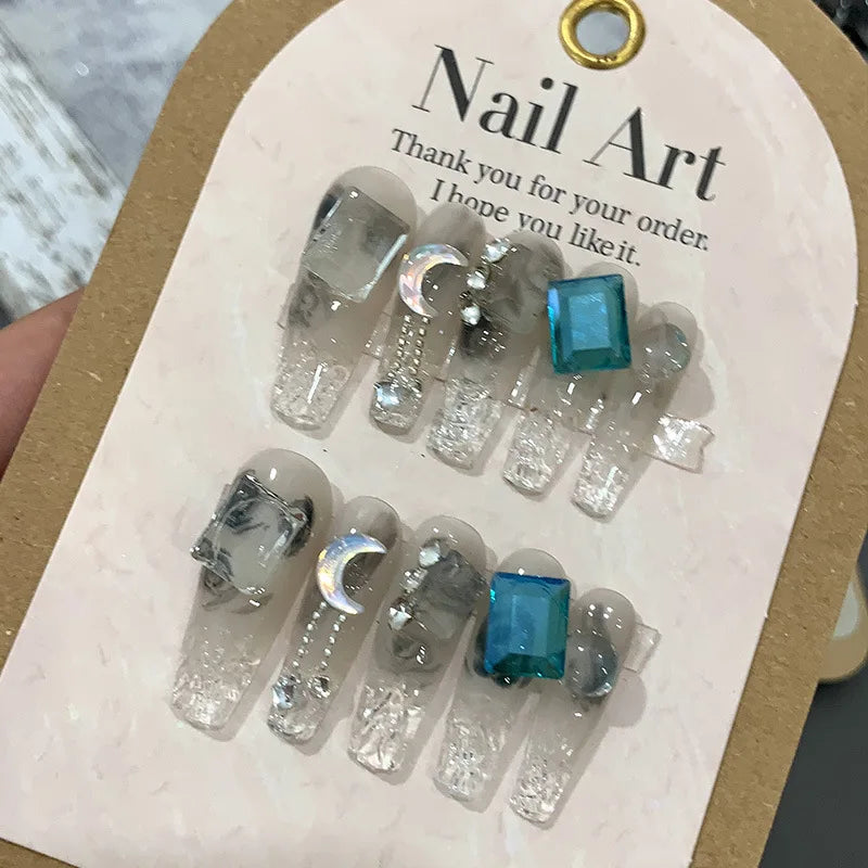 10 Pcs Wearing False Nails Fake Nails Pure Handmade 【Ice Crystal Blueberries】 Complimentary Nail Enhancement Kit - - DYAVOR®