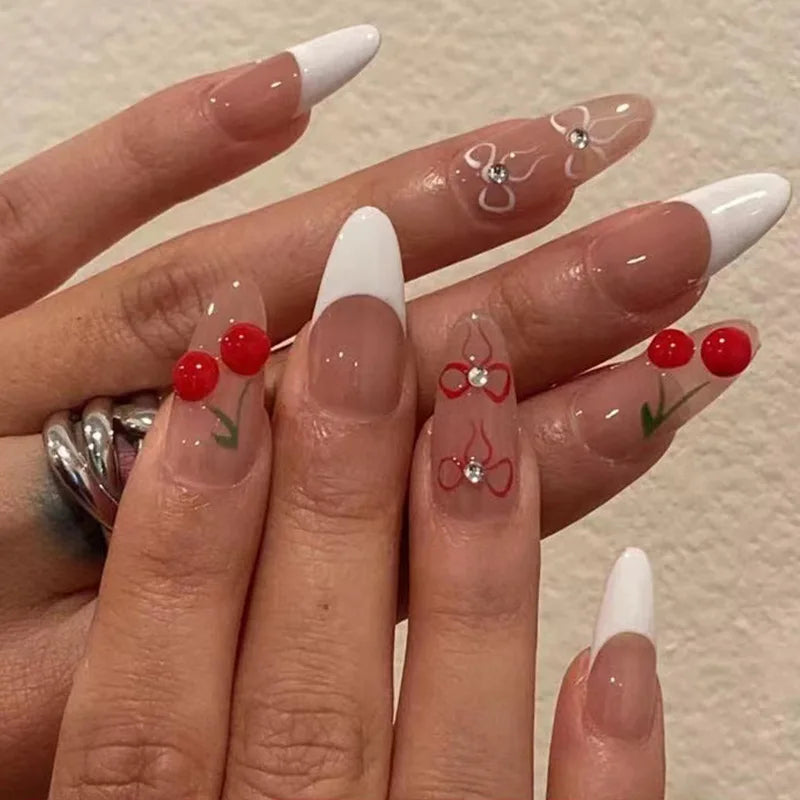 24pcs Small Almond Oval Decorated Cloud Milk Wearable Fake Nails Short Press On Nail Coffin Detachable French False Nails Tips