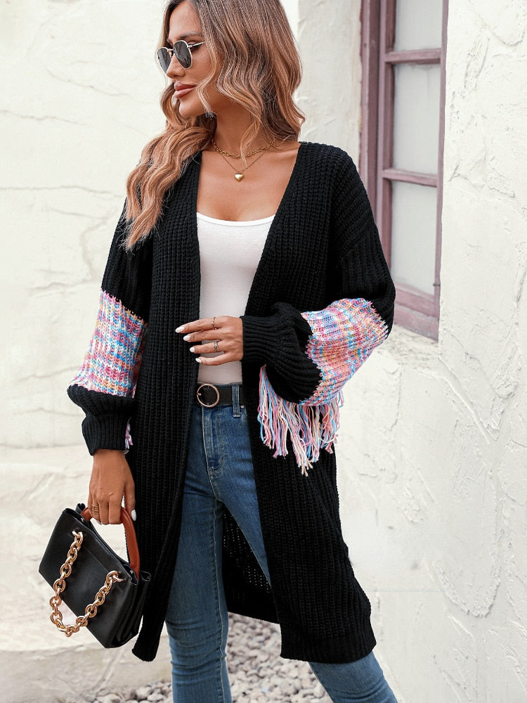 Fashion Women Sweaters 2023 Stitching Long Sleeve Top Loose Sweater Tassel Knit Cardigan Office Lady Winter Clothes Women Coat - - DYAVOR®