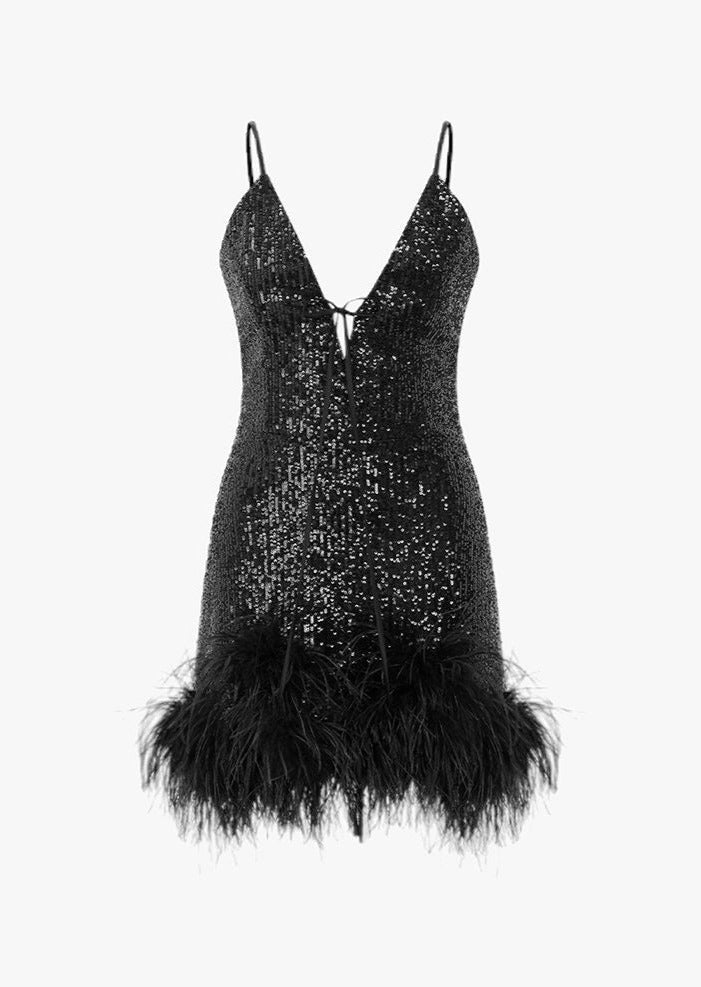 Black Sequined Mini Dress with Feathers - - DYAVOR®