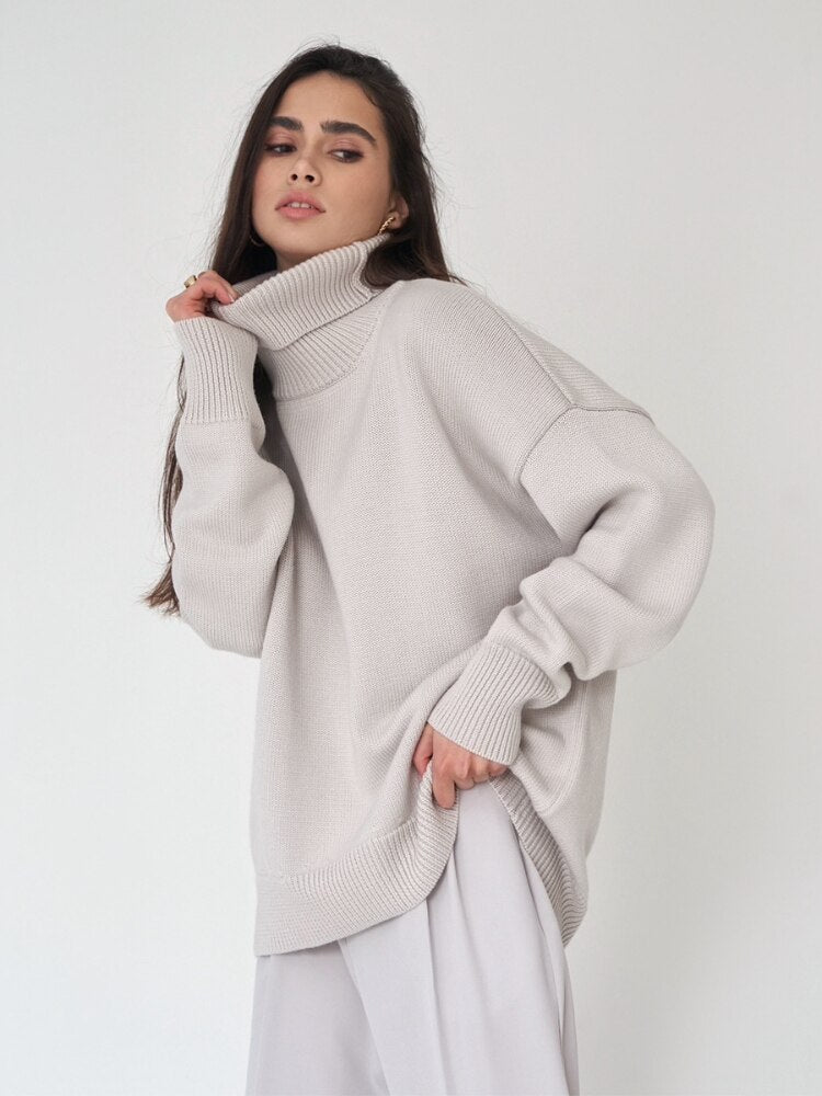Solid Color High Neck Sweater Autumn Winter Loose Knit Pullover Women's Long Sleeve Top Versatile Classic Winter Clothes Women - - DYAVOR®