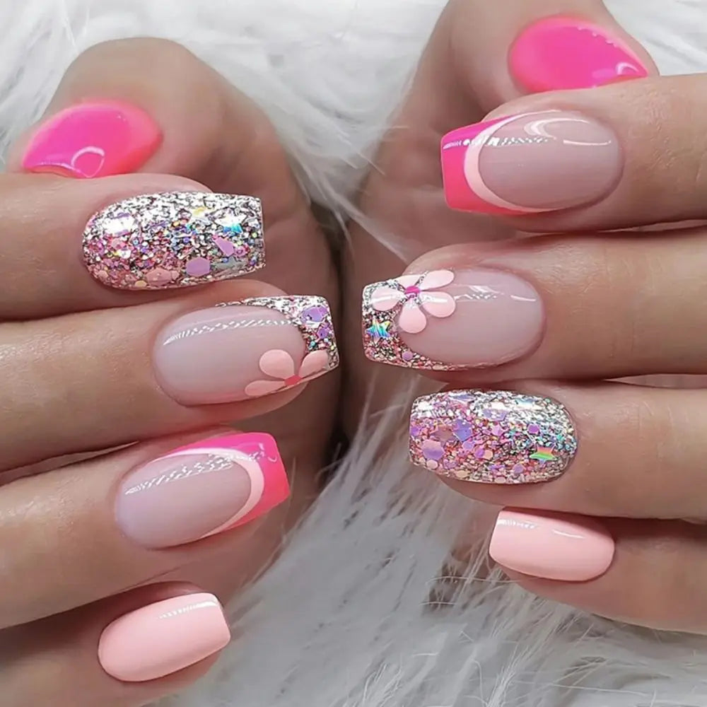 Gradient False nails French Ballerina Fake Nails Stars Blue White Wavy Flowers Nails Full Cover Press on Nails DIY Detachable - - DYAVOR®