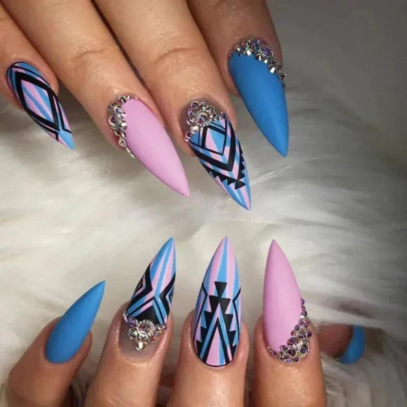 24Pcs Frosting False Nail almond with Golden Glitter Designs French Rhinestone Manicure Stiletto Fake Nails Set Press on Nails - - DYAVOR®