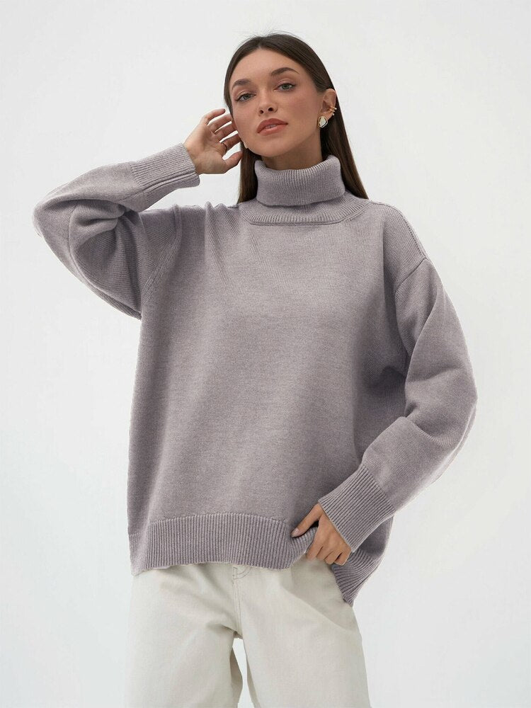 Solid Color High Neck Sweater Autumn Winter Loose Knit Pullover Women's Long Sleeve Top Versatile Classic Winter Clothes Women - - DYAVOR®