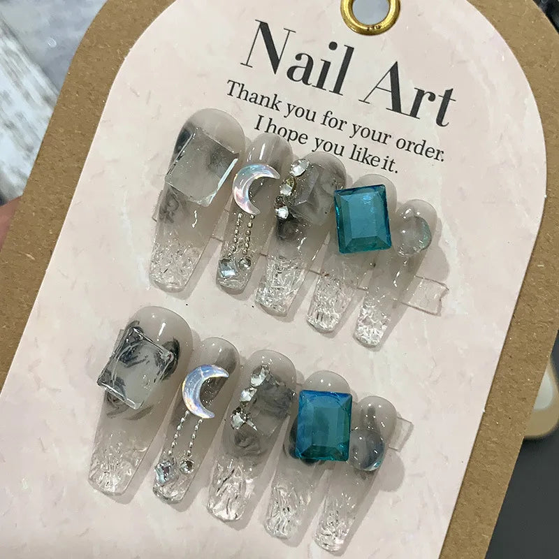 10 Pcs Wearing False Nails Fake Nails Pure Handmade 【Ice Crystal Blueberries】 Complimentary Nail Enhancement Kit - - DYAVOR®