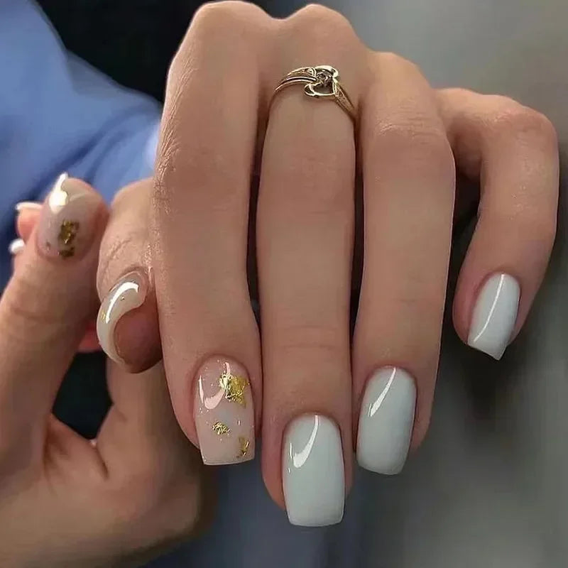 24Pcs Green Short Coffin False Nails White ripples with French Design Wearable Fake Nails Simple Full Cover Press on Nails Tips - - DYAVOR®